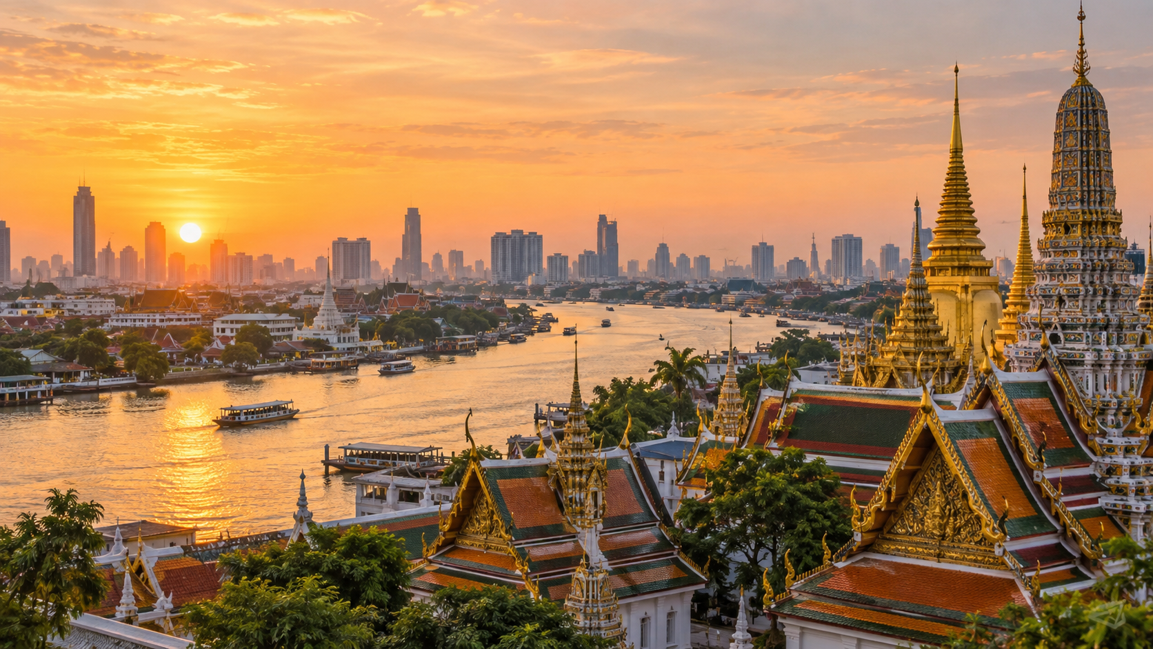 Bangkok river and temple rooftops at sunrise